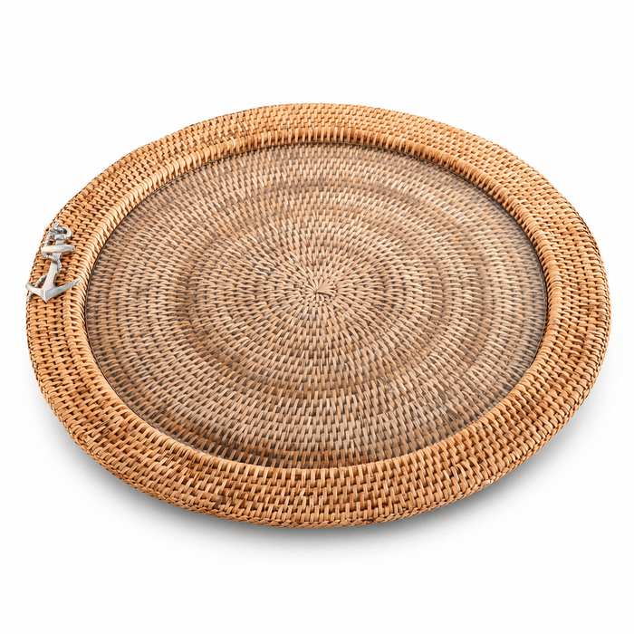 Anchor Round Serving Tray Hand Woven Wicker Rattan - Glass Insert 1