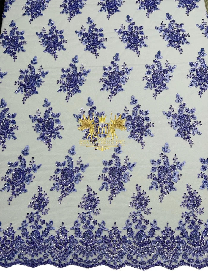 Beaded Flower Sequins Fabric - Lilac - Embroidery With Beads and Sequin on a Mesh Sold By Yard