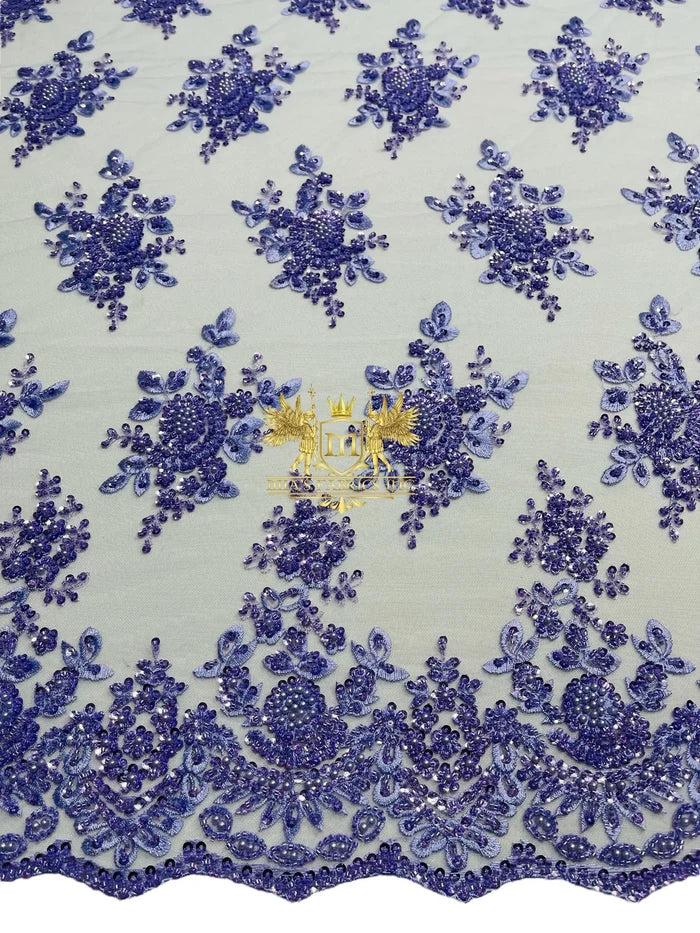 Beaded Flower Sequins Fabric - Lilac - Embroidery With Beads and Sequin on a Mesh Sold By Yard