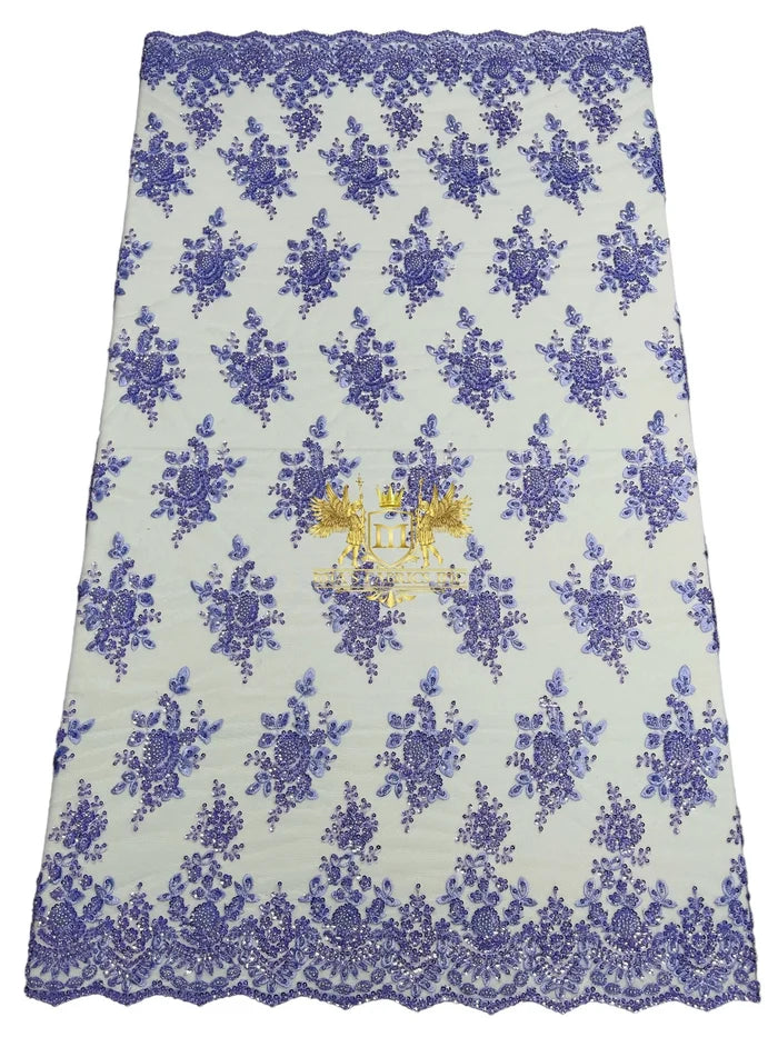 Beaded Flower Sequins Fabric - Lilac - Embroidery With Beads and Sequin on a Mesh Sold By Yard