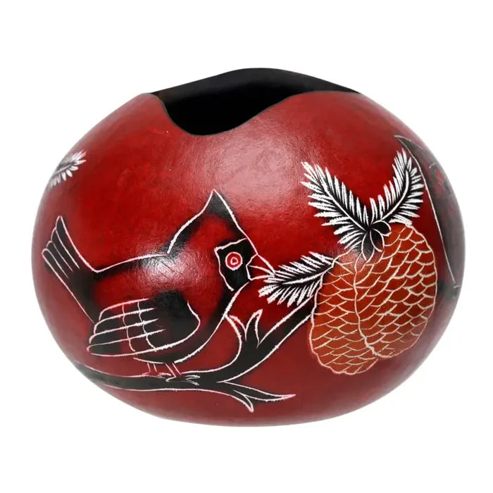 Cardinal Red Gourd Vase Vessel Bowl 3.5" Hand Carved Peru