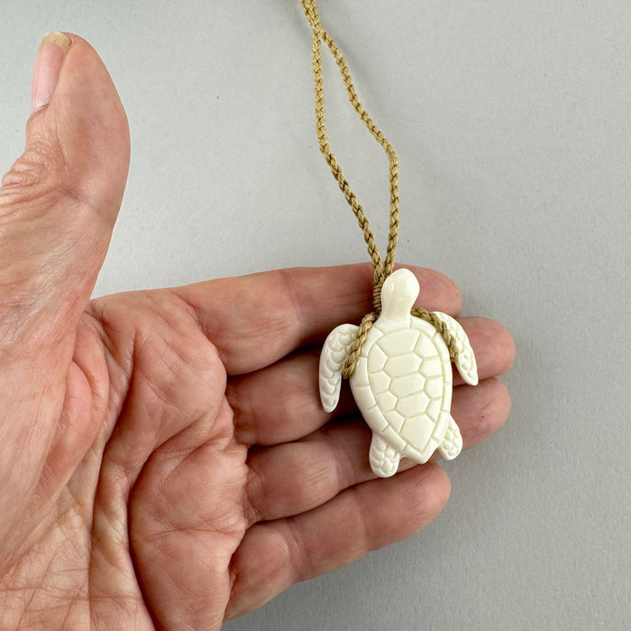 Carved Bone Turtle Necklace with String Cord - ShopNZ