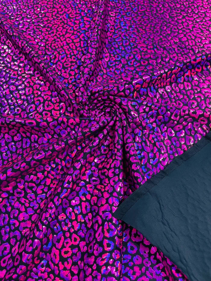 Cheetah Print Spandex Fabric - Black / Fuchsia - Mystique 4 Way Stretch Foil Fabric 58/60" By Yard