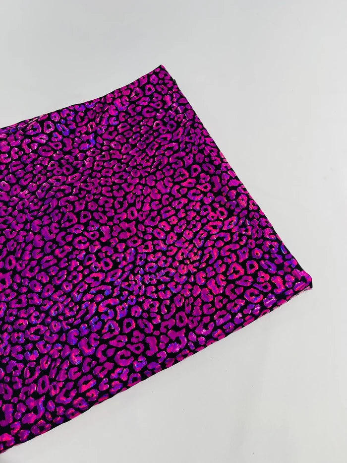 Cheetah Print Spandex Fabric - Black / Fuchsia - Mystique 4 Way Stretch Foil Fabric 58/60" By Yard