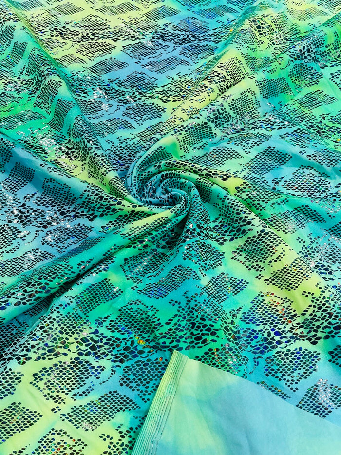 Cobra Spandex Foil Fabric - Green / Yellow Iridescent - Foiled Snake Cobra Design on Tie Dye Spandex Fabric By Yard