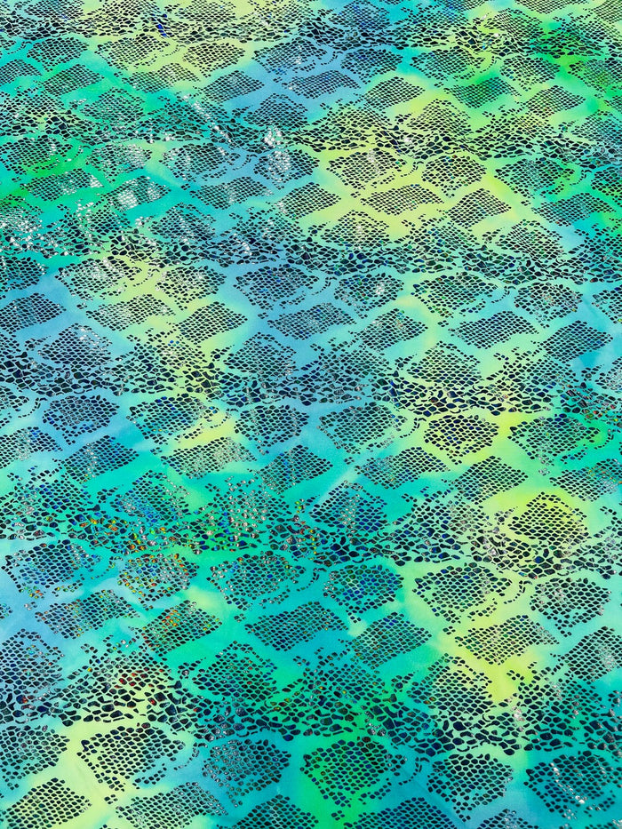 Cobra Spandex Foil Fabric - Green / Yellow Iridescent - Foiled Snake Cobra Design on Tie Dye Spandex Fabric By Yard
