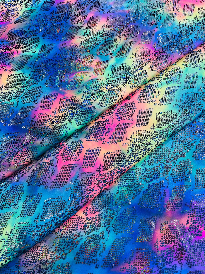 Cobra Spandex Foil Fabric - Hot Pink / Blue - Foiled Snake Cobra Design on Tie Dye Spandex Fabric By Yard
