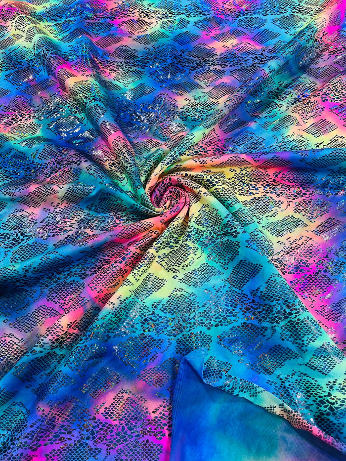Cobra Spandex Foil Fabric - Hot Pink / Blue - Foiled Snake Cobra Design on Tie Dye Spandex Fabric By Yard