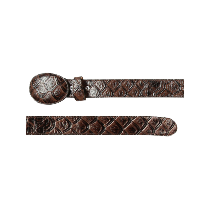 Brown embossed leather belt on a white background