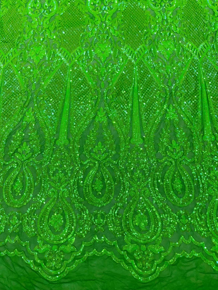 Damask Sequins Fabric - Emerald Green - Shiny Sequin Design on 4 Way Stretch Black Mesh Fabric By Yard