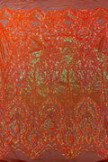 Damask Sequins Fabric - Orange Iridescent - Shiny Sequin Design on 4 Way Stretch Black Mesh Fabric By Yard