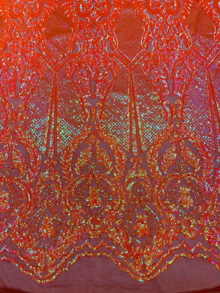 Damask Sequins Fabric - Orange Iridescent - Shiny Sequin Design on 4 Way Stretch Black Mesh Fabric By Yard