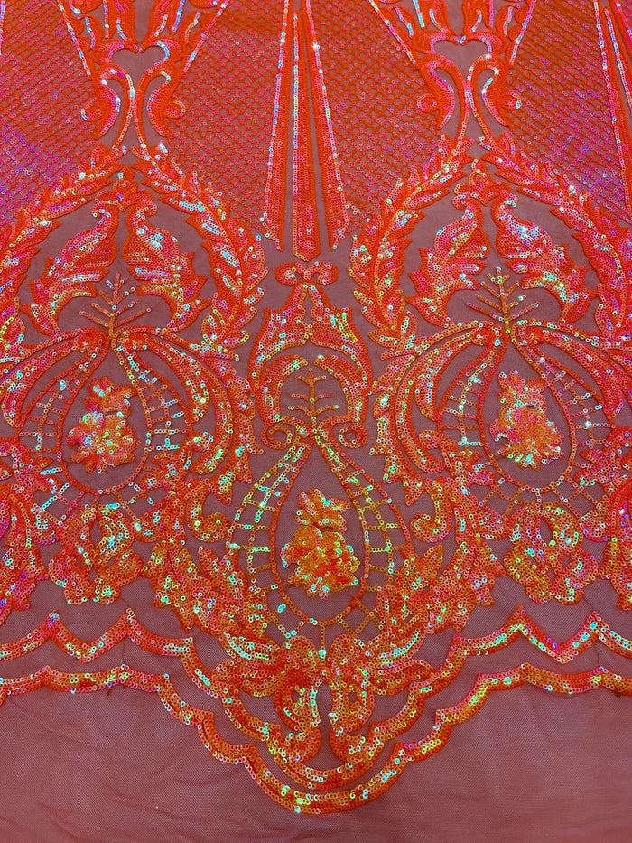Damask Sequins Fabric - Orange Iridescent - Shiny Sequin Design on 4 Way Stretch Black Mesh Fabric By Yard