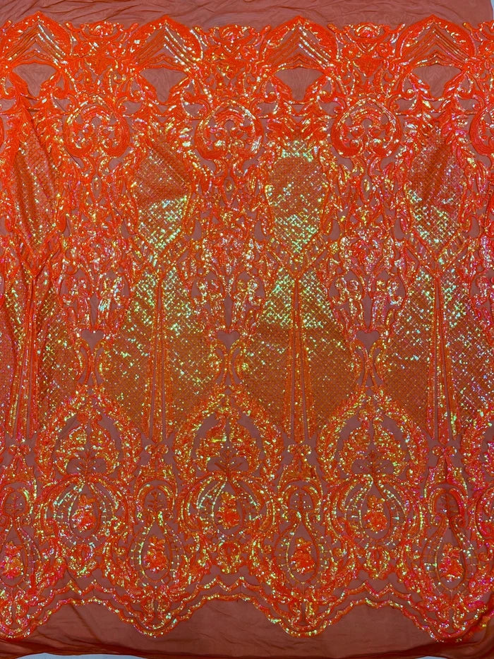 Damask Sequins Fabric - Orange Iridescent - Shiny Sequin Design on 4 Way Stretch Black Mesh Fabric By Yard