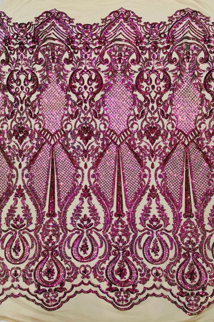 Damask Sequins Fabric - Purple / Green Iridescent - Shiny Sequin Design on 4 Way Stretch Black Mesh Fabric By Yard