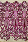 Damask Sequins Fabric - Purple / Green Iridescent - Shiny Sequin Design on 4 Way Stretch Black Mesh Fabric By Yard