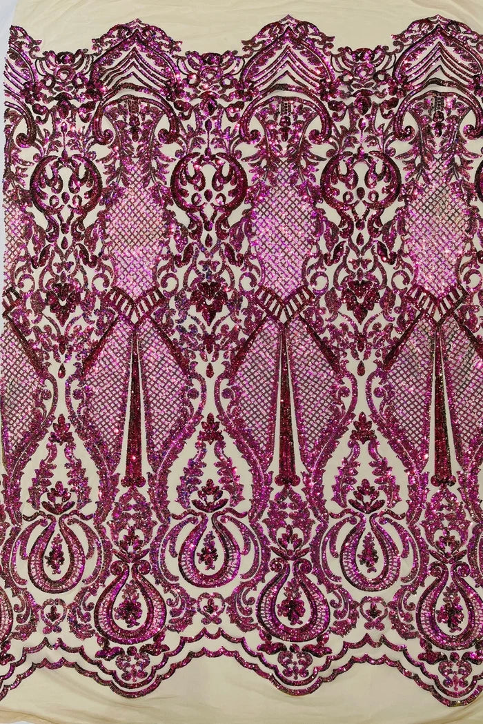 Damask Sequins Fabric - Purple / Green Iridescent - Shiny Sequin Design on 4 Way Stretch Black Mesh Fabric By Yard