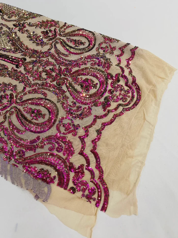 Damask Sequins Fabric - Purple / Green Iridescent - Shiny Sequin Design on 4 Way Stretch Black Mesh Fabric By Yard