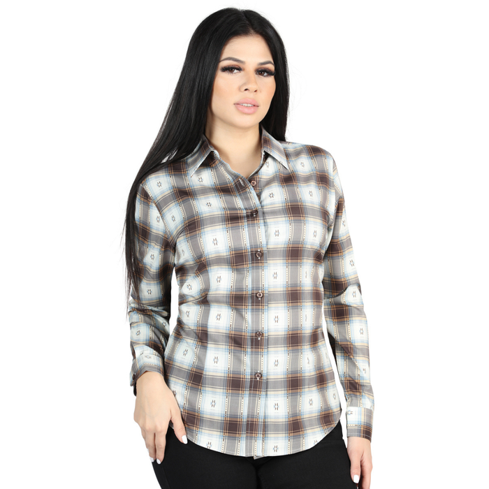 Front view of El General women’s brown and light Sand plaid Western button-down shirt on model