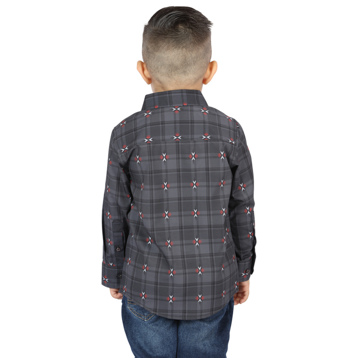 Back view of El General kids’ Gray plaid Western button-down shirt on young boy
