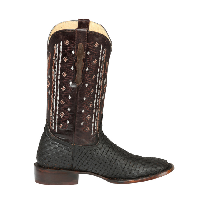 Black cowboy boot with intricate brown and white stitching