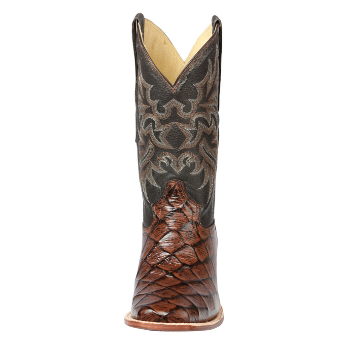 Brown and black cowboy boot with intricate patterns