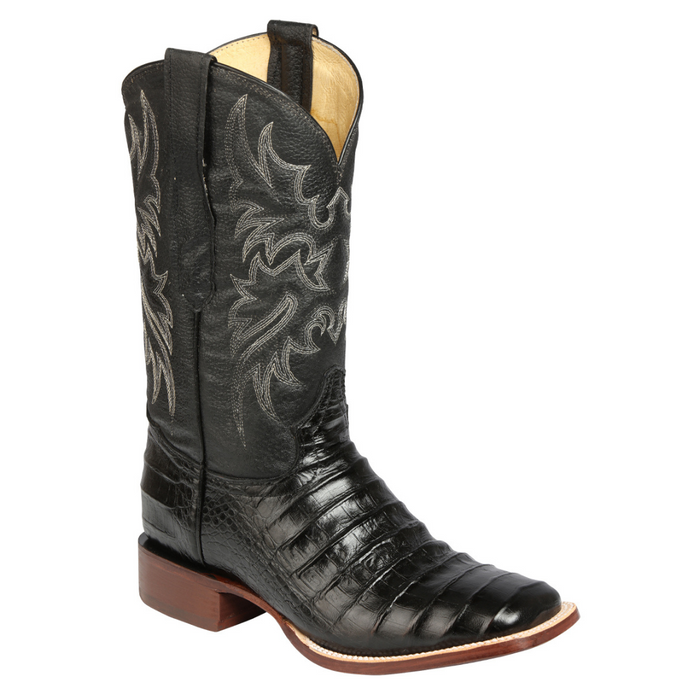 Black cowboy boot with intricate embroidery