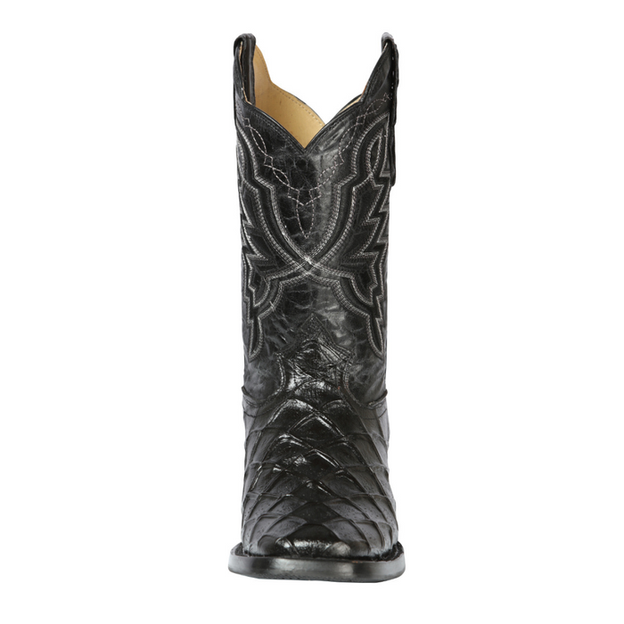 Black cowboy boot with intricate pattern