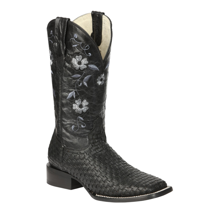 Black petatillo cowboy boot with floral embroidery