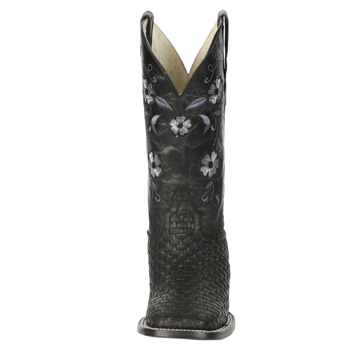 Black petatillo cowboy boot with floral embroidery