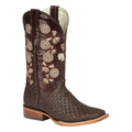 Brown woven cowboy boot with floral embroidery