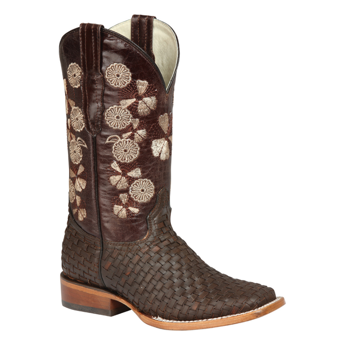Brown woven cowboy boot with floral embroidery