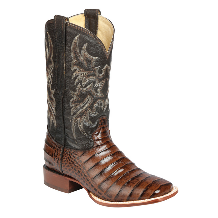 Brown cowboy boot with detailed design