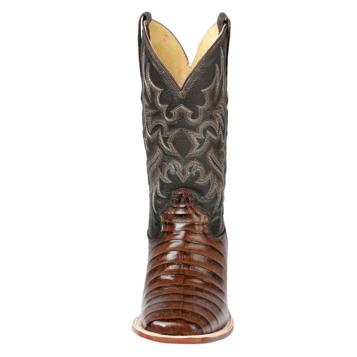 Brown cowboy boot with detailed design