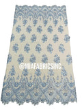 Floral Cluster Beaded Fabric - Baby Blue - Embroidered Fancy Fashion Design Beads and Sequins Sold by yard