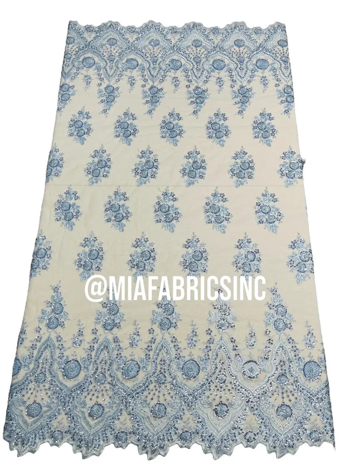 Floral Cluster Beaded Fabric - Baby Blue - Embroidered Fancy Fashion Design Beads and Sequins Sold by yard