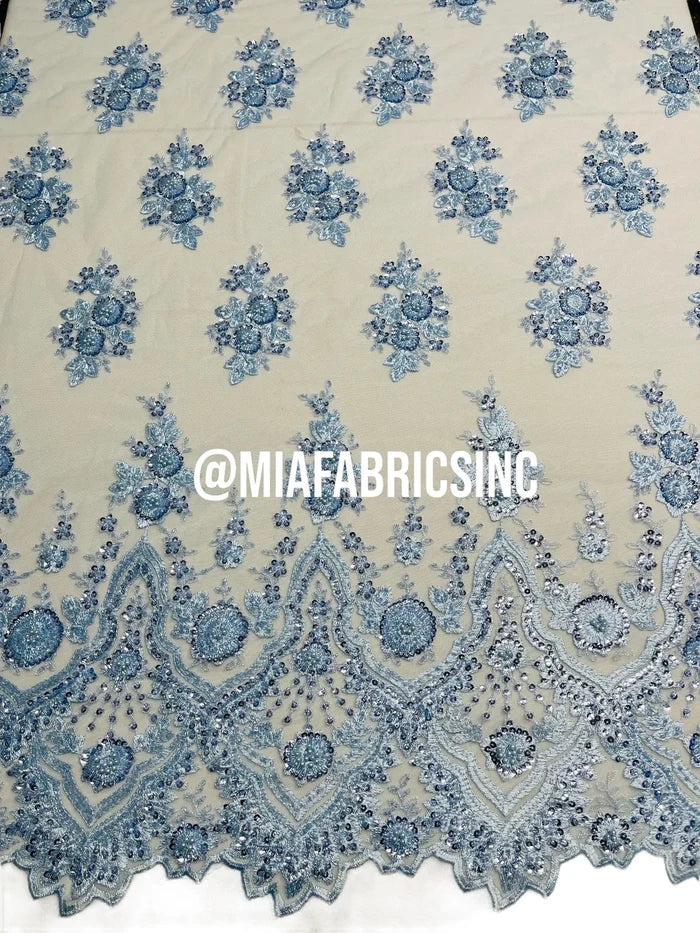 Floral Cluster Beaded Fabric - Baby Blue - Embroidered Fancy Fashion Design Beads and Sequins Sold by yard