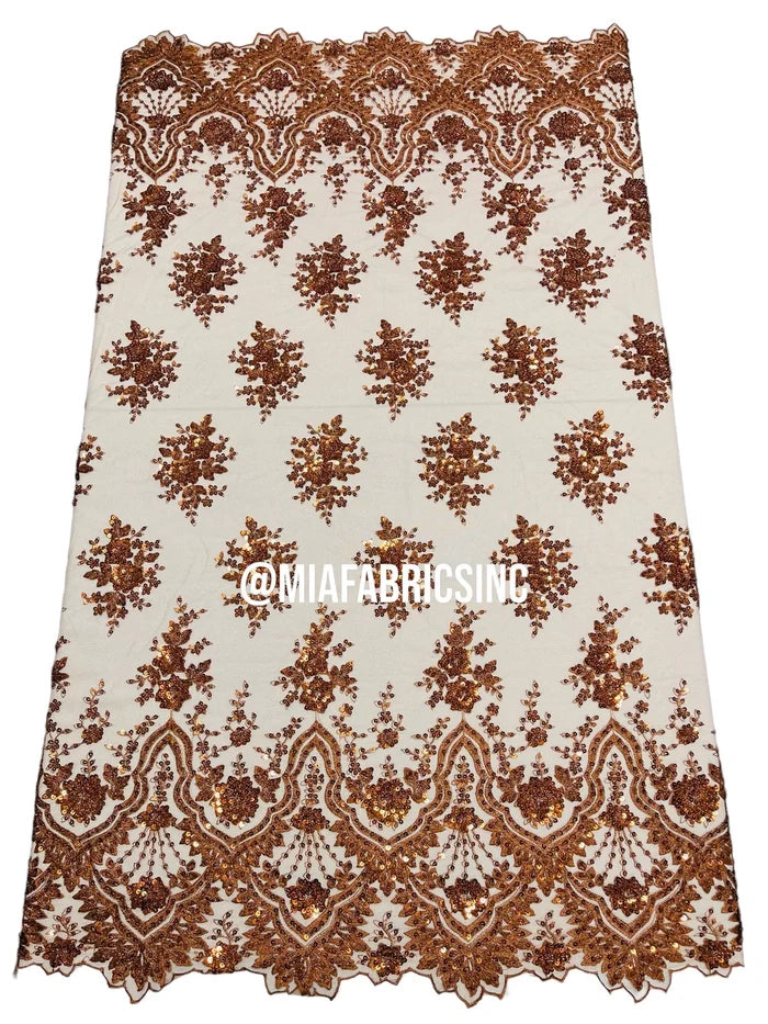 Floral Cluster Beaded Fabric - Cinnamon - Embroidered Fancy Fashion Design Beads and Sequins Sold by yard