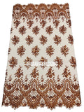 Floral Cluster Beaded Fabric - Cinnamon - Embroidered Fancy Fashion Design Beads and Sequins Sold by yard