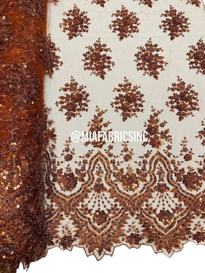Floral Cluster Beaded Fabric - Cinnamon - Embroidered Fancy Fashion Design Beads and Sequins Sold by yard