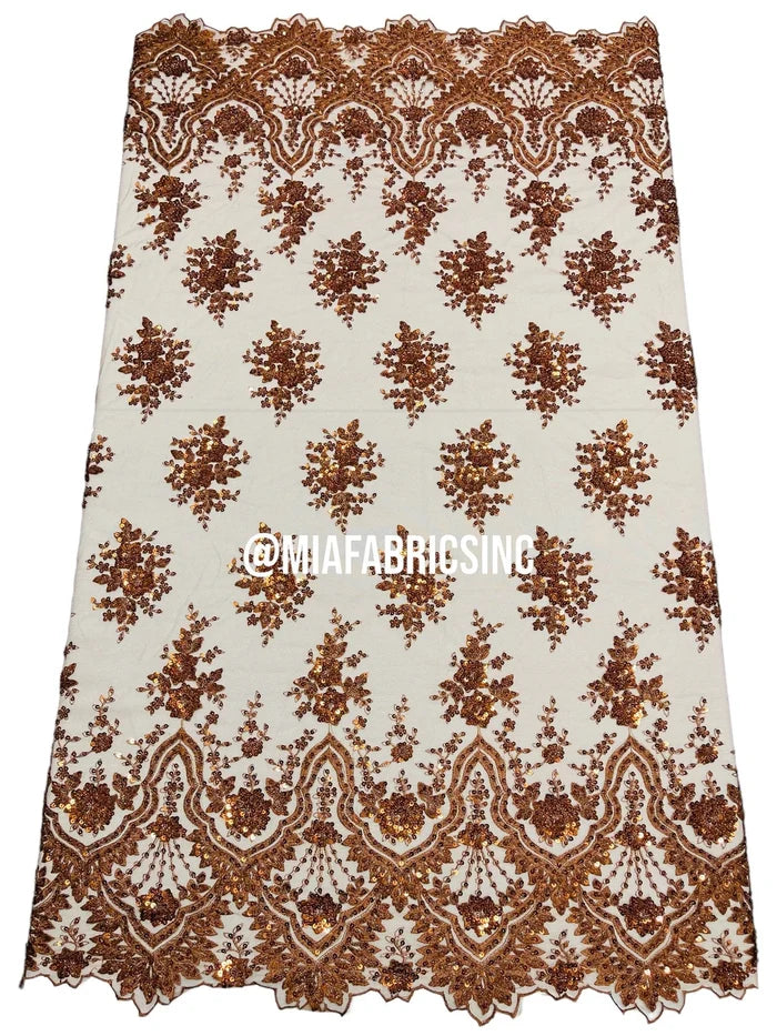 Floral Cluster Beaded Fabric - Cinnamon - Embroidered Fancy Fashion Design Beads and Sequins Sold by yard