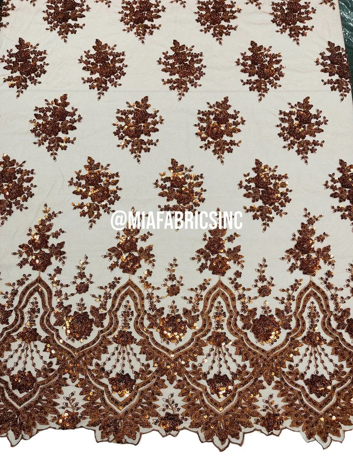 Floral Cluster Beaded Fabric - Cinnamon - Embroidered Fancy Fashion Design Beads and Sequins Sold by yard