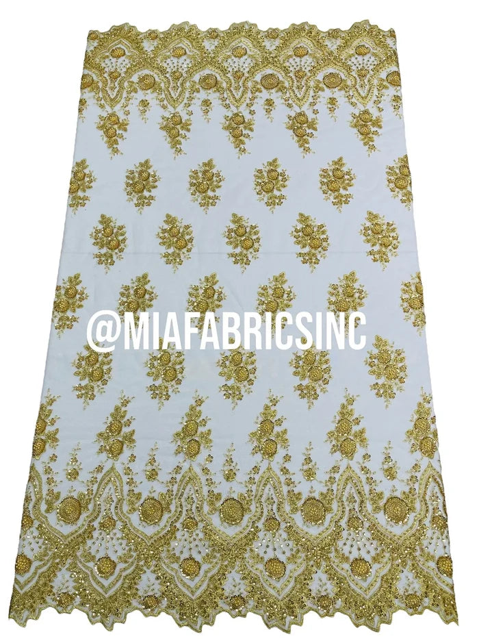 Floral Cluster Beaded Fabric - Gold - Embroidered Fancy Fashion Design Beads and Sequins Sold by yard