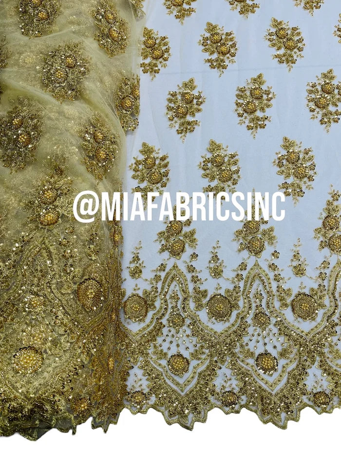 Floral Cluster Beaded Fabric - Gold - Embroidered Fancy Fashion Design Beads and Sequins Sold by yard