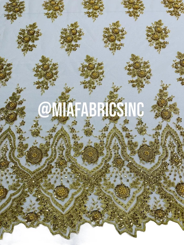 Floral Cluster Beaded Fabric - Gold - Embroidered Fancy Fashion Design Beads and Sequins Sold by yard