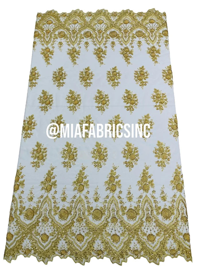 Floral Cluster Beaded Fabric - Gold - Embroidered Fancy Fashion Design Beads and Sequins Sold by yard