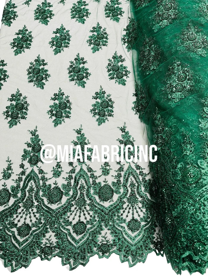 Floral Cluster Beaded Fabric - Hunter Green - Embroidered Fancy Fashion Design Beads and Sequins Sold by yard