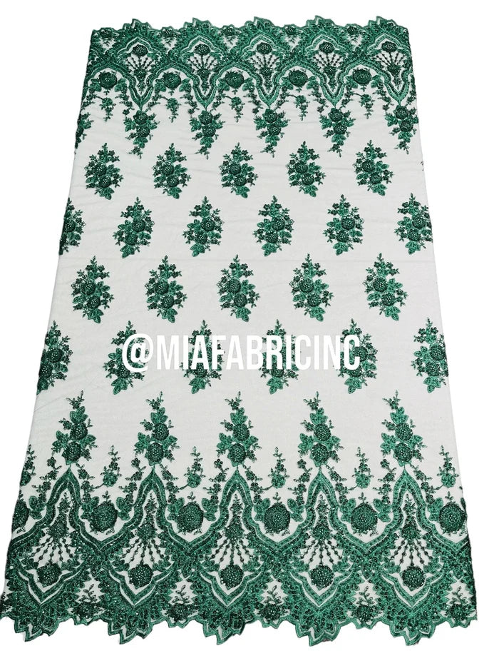 Floral Cluster Beaded Fabric - Hunter Green - Embroidered Fancy Fashion Design Beads and Sequins Sold by yard