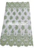 Floral Cluster Beaded Fabric - Mint - Embroidered Fancy Fashion Design Beads and Sequins Sold by yard