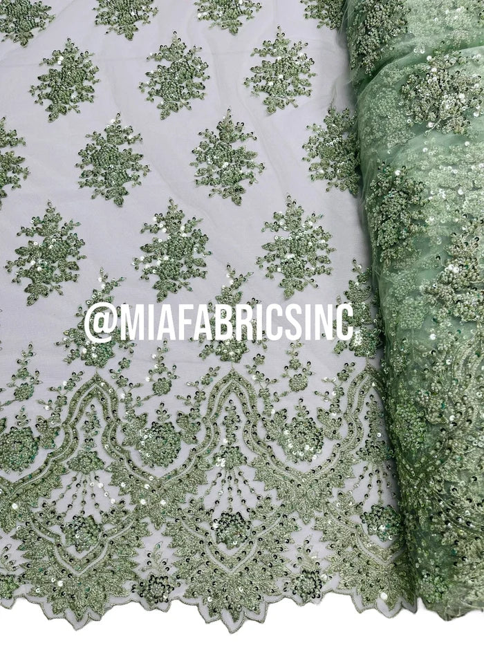 Floral Cluster Beaded Fabric - Mint - Embroidered Fancy Fashion Design Beads and Sequins Sold by yard